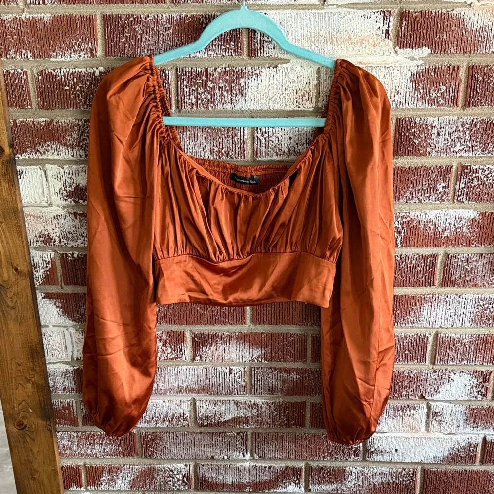Abercrombie Puff Sleeve Milkmaid Coquette Cinamon Burnt Orange Satin Top L Smock